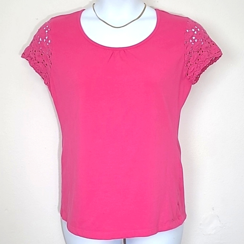 T shirt Lace short sleeve Pink Cotton Blend Stretch Round Neck Romantic Feminine